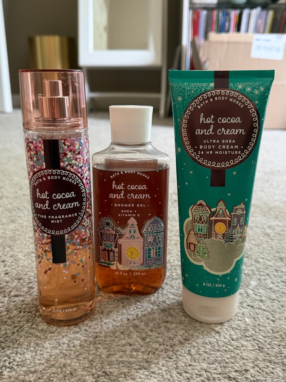 Bath & Body Works Hot Cocoa & Cream 3 Piece Set Mist Shower Gel Body Cream